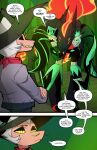 5_fingers anthro bombproof_(helluva_boss) bottomwear breasts circus_tent clothed clothed_anthro clothed_female clothed_humanoid clothed_male clothing comic demon dialogue english_text equid equine female feral fingers fish glam_(helluva_boss) glitz_(helluva_boss) gloves green_body green_scales grin group hair handwear hat headgear headwear helluva_boss hi_res horn horse humanoid humanoid_hands hybrid imp jacket kerchief male mammal marine navel pants profanity red_sclera scales shark sibling_(lore) sister_(lore) sisters_(lore) smile striker_(helluva_boss) swain_(artist) tan_body tan_skin teeth text topwear trio url white_hair yellow_eyes