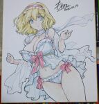  1girl alice_margatroid alternate_costume art_tools_in_frame babydoll blonde_hair blue_babydoll blue_eyes blue_panties bow breasts capelet cleavage commentary_request dated frilled_hairband frills hairband highres large_breasts lingerie long_hair monety panties photo_(medium) red_bow red_hairband shikishi signature solo touhou traditional_media underwear 