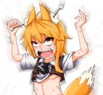  1girl ahoge all_the_way_through animal_ear_fluff animal_ears asymmetrical_hair bangs black_necktie blonde_hair blush breasts brown_vest clothes_lift collared_shirt commentary_request cookie_(touhou) crying crying_with_eyes_open ear_cleaning empty_eyes eyebrows_visible_through_hair fox_ears fox_girl fox_tail hair_between_eyes medium_hair mimikaki miramikaru_riran necktie no_bra open_mouth red_eyes shirt shirt_lift short_sleeves sidelocks small_breasts solo tail tears trembling underboob upper_body vest white_background white_shirt yan_pai 