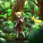  1girl animal_ear_fluff animal_ears asymmetrical_hair bangs belt black_belt black_bow black_bowtie blonde_hair bow bowtie breasts brown_footwear brown_skirt brown_vest bush canopy_(forest) closed_mouth collared_shirt commentary_request cookie_(touhou) day eyebrows_visible_through_hair forest fox fox_ears fox_girl fox_shadow_puppet fox_tail full_body grass hair_between_eyes highres holding holding_pole looking_at_animal medium_hair miramikaru_riran moss nature outdoors pole red_eyes rock shirt shoes short_sleeves sidelocks skirt small_breasts smile solo standing tail tree vest white_shirt yan_pai 