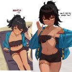  2girls armpits bandaid bandaid_on_breast beach_mat bikini bikini_top_lift black_hair black_shorts blue_jacket blush breasts brown_eyes clothes_lift collarbone covered_nipples english_text from_above hand_up highres jacket lifting_own_clothes long_hair looking_at_viewer maria_(mockingeu) mockingeu multiple_girls multiple_views navel original ponytail ruffle_bikini sharp_teeth short_shorts shorts sitting small_breasts smile standing stomach swimsuit teeth upper_teeth_only 