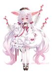  1girl ahoge animal_ear_fluff animal_ears beret black_shoes brown_hat character_request dress flower_knight_girl frilled_dress frills full_body gradient_hair hair_between_eyes hair_ornament hairclip hand_up hat heart heart_ahoge highres long_hair long_sleeves multicolored_hair name_connection object_namesake official_art pink_hair puffy_long_sleeves puffy_sleeves red_eyes shoes simple_background sleeves_past_fingers sleeves_past_wrists solo standing tail thighhighs umeko_machi very_long_hair white_background white_dress white_hair white_thighhighs 