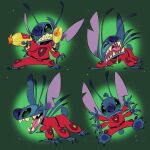 1:1 2025 4_arms 4_fingers 4_toes alien all_fours ambiguous_gender angry antennae_(anatomy) anthro back_spines big_ears biped blue_body blue_claws blue_fur blue_nose blue_pawpads bodily_fluids claws clenched_teeth clothing colored_saliva dipstick_antennae disney dual_wielding experiment_(lilo_and_stitch) feet fingers fur green_background green_eyes green_saliva head_tuft holding_object holding_weapon lilo_and_stitch looking_at_viewer male_(lore) multi_arm multi_limb multicolored_antennae multiple_poses notched_ear olivia_emrich open_mouth open_smile pawpads paws plasma_blaster_(lilo_and_stitch) plasma_gun pose ranged_weapon red_clothing saliva sharp_teeth simple_background small_tail smile solo spacesuit stitch_(lilo_and_stitch) tail teeth toes tuft unusual_bodily_fluids unusual_saliva weapon