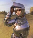  1girl absurdres armor breastplate chainmail gauntlets grasslands green_eyes helmet highres knight looking_at_viewer medieval original plate_armor shoulder_armor signature smile solo tree visor_(armor) visor_lift wassnonnam 