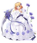  1girl :d blonde_hair blush bow breasts character_request cleavage dress flower flower_knight_girl full_body green_eyes holding holding_scythe long_hair looking_at_viewer medium_breasts name_connection object_namesake official_art purple_bow purple_flower scythe simple_background smile solo strapless strapless_dress tiara umeko_machi veil white_background white_dress 
