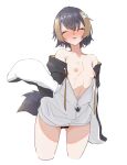  1girl :3 animal_hood armpits black_hair black_hoodie blonde_hair blush bottomless breasts censored closed_eyes fish_hair_ornament folded_ponytail hair_between_eyes hair_ornament highres hood hoodie kkillusked multicolored_hair nijisanji nijisanji_en nipples penguin_girl penguin_hood penguin_tail petite petra_gurin short_hair short_sidetail sidelocks small_breasts solo streaked_hair tail two-tone_hoodie virtual_youtuber white_hoodie 