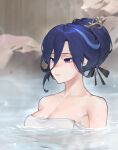  1girl absurdres bare_shoulders blue_hair breasts cleavage clorinde_(genshin_impact) genshin_impact highres naked_towel nery_(nerypaint) onsen partially_submerged purple_eyes short_hair solo towel upper_body water 