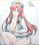  1girl beret black_bow blush bow braid breasts cleavage collarbone commentary_request dated green_eyes green_hat green_panties green_vest hair_bow hat hat_ornament heart highres hong_meiling huge_breasts jewelry long_hair long_sleeves looking_at_viewer monety necklace one_eye_closed open_clothes open_mouth open_shirt open_vest panties pendant red_hair shikishi shirt side-tie_panties signature smile solo star_(symbol) star_hat_ornament thighs touhou traditional_media twin_braids underwear very_long_hair vest white_shirt 