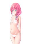  1girl absurdres arms_behind_back bikini blush braid braided_ponytail closed_mouth covered_nipples eyebrows_visible_through_hair flat_chest highres looking_away marui_koishi original pink_hair simple_background smile swimsuit thighs white_background white_bikini 
