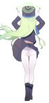  1girl absurdres armband ass black_boots black_hat black_jacket black_skirt blue_archive blue_armband boots facing_away floating_hair full_body gloves green_hair halo hat highres hikari_(blue_archive) jacket long_hair long_sleeves panties panties_under_pantyhose pantyhose pointy_ears s10021 simple_background skirt solo straight_hair underwear very_long_hair white_background white_gloves white_pantyhose wind 