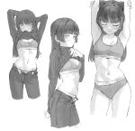  1girl animal_ears arms_up cat_ears closed_eyes clothes_lift gokou_ruri greyscale highres hime_cut lifting_own_clothes light_blush long_hair looking_at_viewer monochrome mouth_hold multiple_views navel open_fly ore_no_imouto_ga_konna_ni_kawaii_wake_ga_nai panties pants rhinth shirt_lift simple_background sports_bra stomach sweater turtleneck turtleneck_sweater underwear white_background 