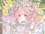  1girl alcohol armor artist_request balloon birthday blue_skirt breasts brown_eyes cellphone champagne champagne_flute chinese_commentary choker cleavage commentary_request cup detached_sleeves dot_nose dress drinking_glass english_commentary eyelashes flower gem gold_choker hair_flower hair_ornament hair_ribbon heart heart-shaped_gem heart_balloon heart_choker holding holding_cup holding_phone light_particles long_hair looking_ahead miracle_nikki mixed-language_commentary nikki_(nikki) nikki_(series) open_mouth outline pauldrons phone pink_dress pink_gemstone pink_hair pink_ribbon qr_code ribbon sample_watermark second-party_source short_sleeves shoulder_armor skirt smartphone smile solo strapless strapless_dress tareme too_many_watermarks tree twintails two-tone_ribbon upper_body watermark white_flower white_outline white_ribbon white_sleeves 