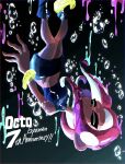  1girl agent_8_(splatoon) anniversary closed_eyes commentary_request copyright_name crop_top dark-skinned_female dark_skin highres long_hair miniskirt navel octoling pencil_skirt red_hair skirt solo splatoon_(series) splatoon_2 splatoon_2:_octo_expansion stmt_tmtk tentacle_hair water 