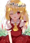  1girl ascot bangs blonde_hair blush commentary_request crystal flandre_scarlet hand_up head_wreath highres long_hair nail_polish no_hat no_headwear one_eye_closed one_side_up open_mouth red_eyes red_nails red_skirt red_vest shirt short_sleeves skirt smile solo suikario touhou upper_body vest white_shirt wings wrist_cuffs yellow_ascot 