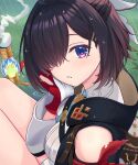  1girl atelier_(series) atelier_yumia blush breasts commentary_request covered_eyes eyelashes fingerless_gloves flammi_(atelier) gloves hair_intakes hair_ornament hair_over_one_eye hair_ribbon hairclip half_updo highres long_bangs looking_at_viewer medium_breasts medium_hair mole mole_under_eye nanatsu_(na_na_tsu) one_eye_covered parallel_hairclips parted_lips purple_eyes rain ribbon single_bare_shoulder sitting solo thighs twitter_username wet white_ribbon yumia_liessfeldt 