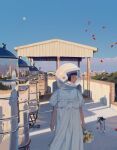  1girl amo_(amo_0514) arms_at_sides black_hair blue_sky blush bouquet building canopy_(shelter) chinese_commentary closed_mouth cloud commentary_request day dress falling_petals feet_out_of_frame flower flower_request full_moon helmet highres holding holding_bouquet looking_to_the_side moon moon_in_daylight original outdoors petals puffy_short_sleeves puffy_sleeves red_flower reflection reflective_surface shadow short_hair short_sleeves sky solo space_helmet standing sunlight tank_(container) tree turning_head white_dress white_flower yellow_flower 
