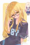  2girls :3 bespectacled black-framed_eyewear black_shirt blonde_hair bluesky_username blush collarbone commentary fujita_kotone gakuen_idolmaster glasses hatsuboshi_gakuen_school_uniform head_tilt highres idolmaster juo_sena long_hair looking_at_viewer miyanome multiple_girls school_uniform shirt short_sleeves smile straight_hair twitter_username very_long_hair watermark yellow_eyes 