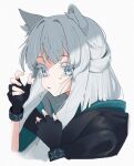  1girl animal_ear_fluff animal_ears arknights bangs cat_ears cat_girl cloak colored_eyelashes crying fingerless_gloves gloves grey_eyes infection_monitor_(arknights) long_hair rosmontis_(arknights) signal_1120 silver_hair solo tears 