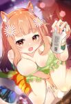  1girl absurdres alcohol animal_ear_fluff animal_ears beer beer_can between_legs blunt_bangs blurry blush breasts brown_eyes brown_hair can cleavage commission downblouse dress drink_can drunk fang flower from_above green_dress hair_flower hair_ornament hand_between_legs highres holding holding_can holo large_breasts long_hair looking_at_viewer looking_up medium_breasts open_mouth orange_hair original shiro9jira sitting skeb_commission skin_fang socks solo squirrel_ears squirrel_girl squirrel_tail tail wariza wolf_ears wolf_girl wolf_tail 