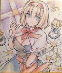  1girl absurdres adapted_costume alice_margatroid blonde_hair blue_dress blue_eyes book breasts capelet cleavage cleavage_cutout closed_mouth clothing_cutout commentary_request daisy_(flower) dated doll dress falling_petals floral_background flower frilled_hairband frills grimoire hairband highres large_breasts lolita_hairband looking_at_viewer monety petals red_hairband shanghai_doll shikishi signature smile solo touhou traditional_media white_capelet white_flower white_petals 