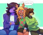  1other 2girls @_@ animal_ears antlers blonde_hair blue_pants bored broad_shoulders brown_fur brown_hair brown_pants brown_shirt brown_skirt buck_teeth checkered_clothes checkered_sweater_vest checkered_vest collared_jacket collared_shirt colored_sclera colored_skin confused crossed_arms deer_antlers deer_ears deer_girl deltarune denim expressionless fang freckles furry furry_female green_background green_sweater gumientchen half-closed_eyes halftone halftone_background highres holding_hands horns jacket jeans kris_(deltarune) leaning_on_person long_hair long_sleeves messy_hair miniskirt multiple_girls nervous nervous_smile nervous_sweating noelle_holiday panicking pants purple_jacket purple_scales purple_skin red_eyes reindeer_girl reptile_girl shaded_face shirt single_horizontal_stripe skin_fang skirt smile speech_bubble susie_(deltarune) sweat sweater teeth thinking thought_bubble two-tone_sweater_vest unamused vest wavy_hair white_shirt yellow_eyes yellow_sclera yuri 