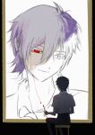  2boys black_background black_pants colored_eyelashes film_grain from_behind grey_hair hair_between_eyes highres holding holding_paintbrush ikari_shinji inset_border male_focus multiple_boys nagisa_kaworu neon_genesis_evangelion outside_border paintbrush painting_(action) painting_(object) pants partially_colored picture_frame red_eyes shirt simple_background white_background white_shirt yexuan825 