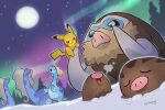  amaura aurora aurorus brown_fur closed_eyes full_moon mamoswine moon night no_humans open_mouth outdoors pikachu pokemon pokemon_(creature) signature snow squeegool swinub tusks yellow_fur 