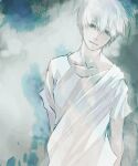  1boy bangs black_background blue_background closed_mouth collarbone commentary_request grey_background hair_between_eyes kaneki_ken koujima_shikasa looking_at_viewer male_focus multicolored_background shirt short_hair short_sleeves smile solo tokyo_ghoul upper_body white_hair white_shirt 