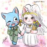 1:1 accessory anthro black_eyes blue_body blue_fur blush blush_stickers bouquet boutonniere brown_eyes charle_(fairy_tail) chibi choker clothing cuff_links digit_ring domestic_cat dress duo exceed fairy_tail felid feline felis female flower flower_bouquet flower_crown fur furgonomics hand_holding happy_(fairy_tail) heart_symbol hi_res jewelry long_tail male male/female mammal necklace one_eye_closed plant pointy_ears prick_ears redbright_(artist) ribbons ring romantic romantic_ambiance romantic_couple sparkles suit tail tail_accessory tail_ribbon veil walking wedding wedding_dress wedding_ring wedding_veil white_body white_fur wink