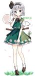  1girl absurdres black_bow black_bowtie black_hairband blue_eyes blush bow bowtie brown_shoes chamomile closed_mouth commission diorama dot_nose flower frilled_skirt frills full_body green_skirt green_vest grey_hair hair_bow hairband highres konpaku_youmu konpaku_youmu_(ghost) light_smile loafers looking_at_viewer pixel_art sample_watermark shirt shoes short_hair short_sleeves simple_background skirt socks solo tachi-e tian_yang touhou vest watermark watermark_grid white_background white_flower white_shirt white_socks 