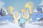 amaura artist_name aurorus blue_eyes blue_skin blue_sky colored_skin curled_tail day dinosaur evolutionary_line no_humans outdoors pokemon pokemon_(creature) sauropod sky snow squeegool tail 