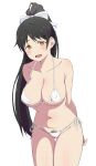  1girl :d ass_visible_through_thighs bare_shoulders bikini black_hair blush bow breasts cameltoe cleavage collarbone commentary cowboy_shot female_pubic_hair goa1126 hair_bow hazuki_ren high_ponytail highres large_breasts leaning_forward long_hair looking_at_viewer love_live! love_live!_superstar!! micro_bikini navel open_mouth ponytail pubic_hair pubic_hair_peek side-tie_bikini_bottom simple_background smile solo standing stomach strap_gap string_bikini swimsuit very_long_hair white_background white_bikini white_bow yellow_eyes 