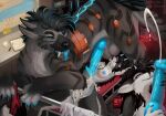 4_ears absurd_res animal_genitalia animal_penis anthro balls balls_on_face black_body black_fur black_hair blue_eyes blue_horn blue_penis blue_vulva bodily_fluids breasts claws clothing cum cum_on_belly cum_on_body cum_on_face cum_on_vulva cybernetics dragon ejaculation ender_(endermoonfur) equine_genitalia equine_penis felkin female female_on_feral feral fur furred_dragon furred_scalie genital_fluids genitals hair hi_res horn hybrid hybrid_genitalia hybrid_penis hyena kiss_mark knot knotted_equine_penis knotted_penis laboratory larger_male licking machine male male/female male_feral mammal multi_ear mythological_creature mythological_scalie mythology nipples oral panties penile penis penis_lick penis_milking scalie sex size_difference smaller_female smile stripes tongue underwear vulva white_body white_fur yeena_(panzeryeena)