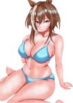  1girl absurdres animal_ears barefoot bikini blue_bikini blue_eyes brown_hair cheval_grand_(umamusume) hagesan3345 hair_between_eyes highres horse_ears horse_girl multicolored_hair simple_background sitting solo swimsuit umamusume white_background yokozuwari 