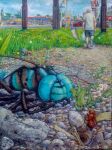 absurd_res ambiguous_gender ant antennae_(anatomy) arthropod arthropod_abdomen black_body black_exoskeleton black_hair blue_bottomwear blue_clothing blue_shorts bottomwear brown_body brown_exoskeleton brown_skin building car city cityscape clothed clothing cloud day dragonfly elderly_human elderly_male esso exoskeleton feral flower formal_art fully_clothed gas_station grey_bottomwear grey_clothing grey_hair grey_jacket grey_pants grey_shirt grey_topwear group hair hi_res holding_bag holding_cane human hymenopteran insect insect_wings jacket kfc male male_human mammal micro outside painting_(artwork) pants plant ponytail road rock shaded shirt shorts sign soft_shading standing tan_body tan_skin topwear traditional_painting_(artwork) tree trio_focus unknown_artist vehicle walking white_clothing white_shirt white_topwear wings