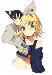  1girl arm_up bare_shoulders blonde_hair bow collarbone commentary cowboy_shot green_eyes hair_bow hair_ornament hairclip hand_up kagamine_rin long_sleeves looking_at_viewer miwasiba navel off_shoulder pout project_sekai short_hair simple_background solo two-tone_bow two-tone_shirt upper_body vocaloid white_background x_hair_ornament 