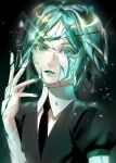  1other androgynous bangs colored_eyelashes commentary cracked_skin crystal_hair english_commentary gem_uniform_(houseki_no_kuni) green_eyes green_hair highres houseki_no_kuni kei_(keipsan) looking_at_viewer necktie open_mouth phosphophyllite shards short_hair short_sleeves simple_background solo sparkle 