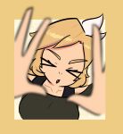  >_< 1girl black_shirt blonde_hair blurry breasts closed_eyes collarbone commentary depth_of_field highres morganafumo nelly_(xyronii) nostrils open_hands original parted_lips shirt solo yellow_background 