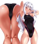  1girl armpits arms_up ass ass_focus black_swimsuit breasts commentary_request commission competition_swimsuit contrapposto cowboy_shot hairband highleg highleg_swimsuit highres idolmaster idolmaster_(classic) leaning_forward long_hair medium_breasts multiple_views nishi_(count2.4) one-piece_swimsuit presenting_armpit purple_eyes red_hairband shijou_takane silver_hair simple_background skeb_commission stretch swimsuit white_background 