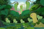  antennae bayleef blue_sky chikorita colored_skin day green_skin jungle leaf lily_pad lotad meganium nature no_humans outdoors pokemon pokemon_(creature) red_eyes sky squeegool water 