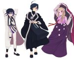  1girl 2boys :/ ahoge akamatsu_kaede arm_up arms_behind_head arms_up bangs black_coat black_footwear black_hair black_pants blonde_hair bong_(0u0bon) braid cape closed_mouth clothing_request coat commentary_request danganronpa_(series) danganronpa_v3:_killing_harmony flower full_body grin hair_between_eyes hair_flower hair_ornament highres long_hair long_sleeves looking_at_viewer male_focus multicolored_hair multiple_boys ouma_kokichi pants profile purple_eyes purple_hair purple_skirt red_cape red_ribbon ribbon saihara_shuuichi shoes short_hair side_braid simple_background skirt smile standing two-tone_hair white_background white_flower white_pants wide_sleeves 