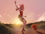 1girl arm_up armpits bike_shorts bike_shorts_under_shorts black_shorts bow bow_hairband closed_eyes cloud commentary_request fanny_pack full_body hairband highres knr_kanra may_(pokemon) open_mouth outdoors pokemon pokemon_(creature) pokemon_oras red_bow red_hairband red_shirt shirt shoes short_hair shorts sleeveless sleeveless_shirt sun sunset teeth torchic upper_teeth_only waving white_shorts 