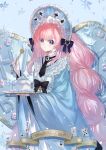  1girl absurdly_long_hair absurdres ace_(playing_card) ace_of_clubs ace_of_diamonds ace_of_hearts ace_of_spades alice&#039;s_time_gate_(miracle_nikki) apron artist_request banner big_hair birthday black_bow black_necktie blue_background blue_bonnet blue_dress blue_eyes blunt_bangs bonnet bow brooch cake card chinese_commentary closed_mouth club_(shape) commentary_request cowboy_shot diamond_(shape) dot_nose dress english_commentary eyelashes food frilled_apron frilled_headwear frills hair_bow hair_ornament happy_birthday heart highres holding holding_plate holding_spoon jewelry light_blush lolita_fashion long_hair long_sleeves low_twintails miracle_nikki mixed-language_commentary multi-tied_hair necktie nikki_(nikki) nikki_(series) pink_hair plate playing_card playing_card_print second-party_source smile snowflakes snowing solo spade_(shape) spoon standing star_(symbol) star_hair_ornament tareme twintails very_long_hair waist_bow white_apron wide_sleeves 