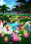  cockatrimon commentary_request diatrymon digimon digimon_(creature) dinorexmon dinosaur forest jungle nature official_art outdoors palmon parasaurmon plant_monster pomumon river splashing toropiamon tree vegimon water 