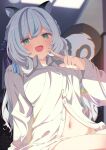  1girl :d absurdres animal_ear_fluff animal_ears blue_hair blush breasts collared_shirt commission dress_shirt fang green_eyes grey_hair hair_between_eyes hair_ribbon highres indoors long_hair long_sleeves looking_at_viewer medium_breasts multicolored_hair naked_shirt navel open_mouth original partially_unbuttoned pointing ribbon shiro9jira shirt sitting skeb_commission skin_fang smile solo squirrel_tail streaked_hair tail white_hair white_shirt 
