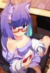  1girl absurdres animal_ear_fluff animal_ears armchair bare_shoulders blue_eyes blue_hair blurry blurry_background blush borrowed_character breasts camisole cat_ears cellphone chair cleavage collarbone commission depth_of_field drawstring fang fang_out glasses hair_ornament hairclip heterochromia highres holding holding_phone hood hood_down hooded_jacket indoors jacket long_sleeves looking_at_viewer medium_breasts multicolored_hair nail_polish navel nekomoto_nyako nose_blush off_shoulder office_chair on_chair open_clothes open_jacket original parted_lips phone puffy_long_sleeves puffy_sleeves purple_hair purple_jacket purple_nails purple_shorts rabbit_hair_ornament red-framed_eyewear red_eyes semi-rimless_eyewear shiro9jira short_hair short_shorts shorts sitting skeb_commission sleeves_past_wrists solo spread_legs strap_slip sweat swivel_chair two-tone_hair under-rim_eyewear white_jacket 