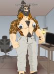 abs adam&#039;s_apple anthro beard big_bulge black_jewelry black_nipples body_hair bottomwear brown_eyes bulge chair clothed clothing computer curly_hair desk ear_piercing electronics eye_scar facial_hair facial_piercing facial_scar fingers fur furniture gesture giraffe giraffid googly_eyes grey_bottomwear grey_clothing grey_hair grey_pants grey_sweatpants hair hand_gesture happy_trail hi_res hooved_fingers hooves humor invalid_background jewelry lamp lip_piercing long_beard male mammal markings meme mole_under_eye mora_giraffe_(starmoral) musclegut muscular muscular_anthro muscular_male mustache nipples nose_jewelry office_chair pants partially_clothed pecs piercing ponytail pubes scar shirtless shirtless_anthro shirtless_male solo spots spotted_body spotted_fur starmoral sweatpants table tall tiktok wall_lights