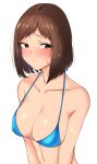  1girl absurdres bang_dream! bangs bare_shoulders bikini bikini_top blue_bikini blush bob_cut bouhatei_(t-back) breasts brown_eyes brown_hair cleavage closed_mouth collarbone commentary_request embarrassed halter_top halterneck hazawa_tsugumi highres looking_away looking_to_the_side medium_breasts navel shiny shiny_hair shiny_skin short_hair simple_background solo standing stomach sweatdrop swimsuit upper_body white_background 