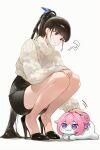  1girl :3 ? ai-generated alternate_costume black_hair brown_eyes creature doro_(nikke) drowsy_sheep eve_(stellar_blade) flower-shaped_hair goddess_of_victory:_nikke high_heels highres holding holding_creature meme pink_hair ponytail purple_ribbon ribbon shiny_eyes stellar_blade sweatdrop sweater 
