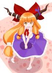  1girl absurdres bow bowtie brown_horns collared_shirt commentary_request fang frilled_skirt frills full_body gourd hair_bow highres horn_bow horn_ornament horns ibuki_suika kurohiba long_hair looking_at_viewer low-tied_long_hair open_mouth orange_eyes orange_hair pink_background purple_bow purple_skirt red_bow red_bowtie shirt shoes sidelocks skirt sleeveless sleeveless_shirt smile solo touhou very_long_hair white_shirt white_shoes 